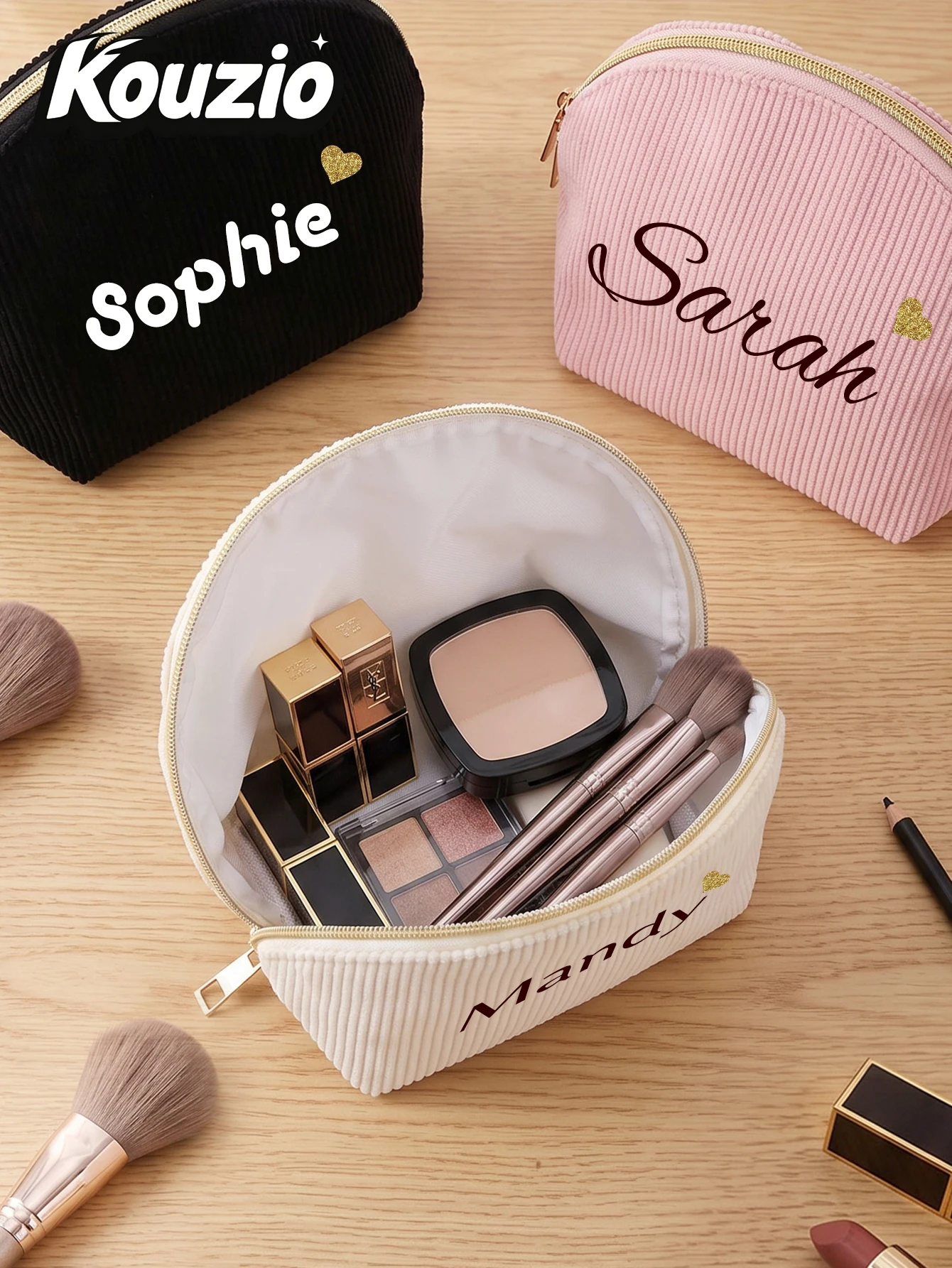 Custom Name Heat Transfer Corduroy Shell Makeup Bag, Personalized Zipper Cosmetic Pouch, Travel Beauty Organizer for Women