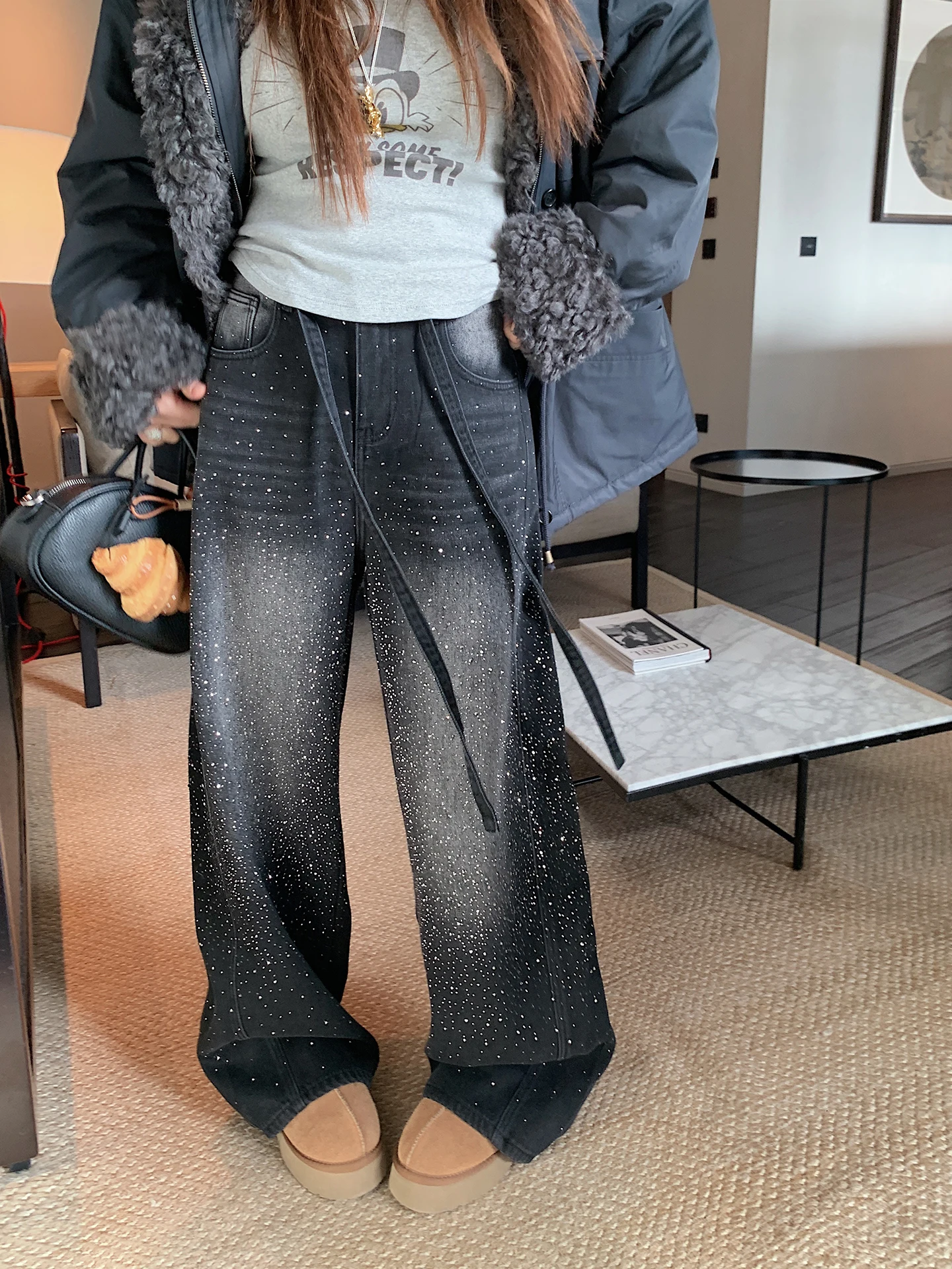 

Dazi Women's Fce Lined Wide Leg Jeans Thi Winter High Waist Casual Sle plus Size Comfortable Fit Bootcut Denim Trousers