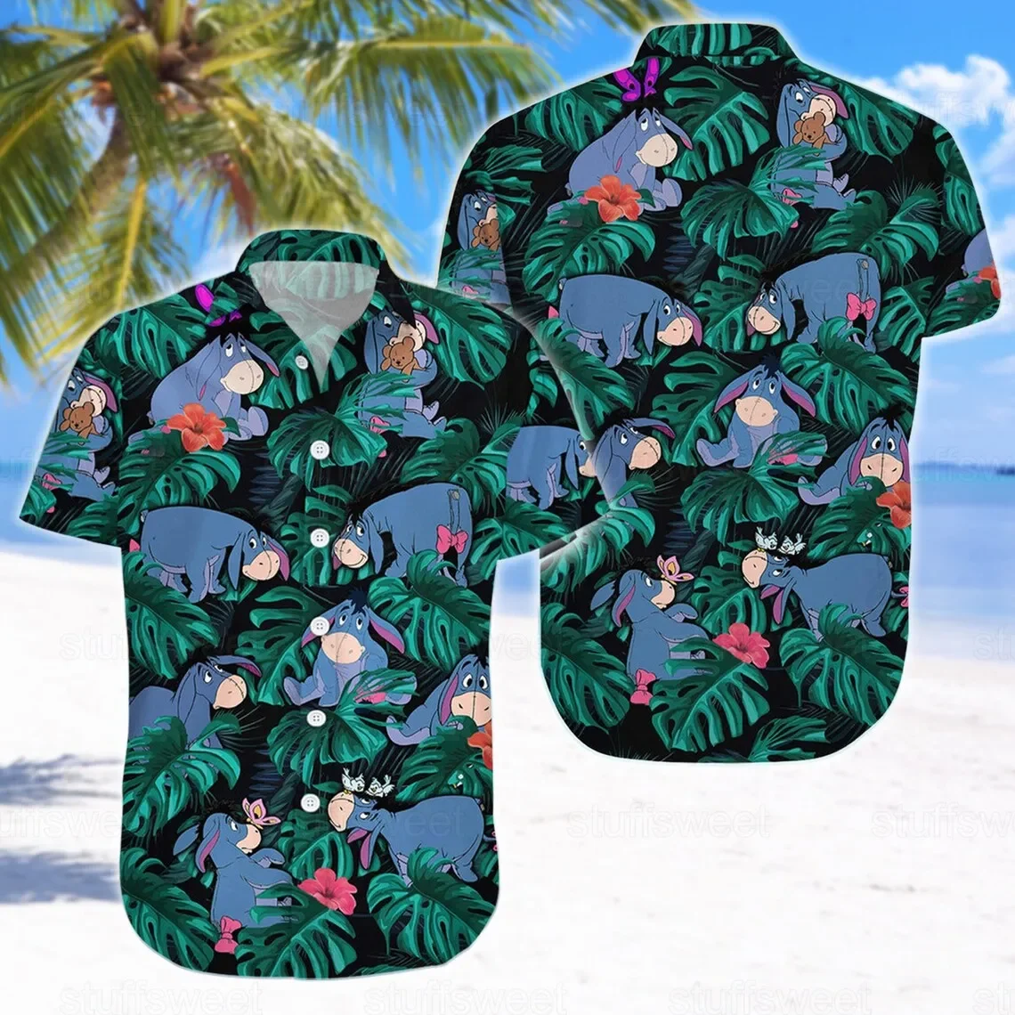 Disney Eeyore Hawaiian Shirts Men's Women Kids Summer Short Sleeve Shirts Disney Hawaiian Shirts Winnie The Pooh Beach Shirts