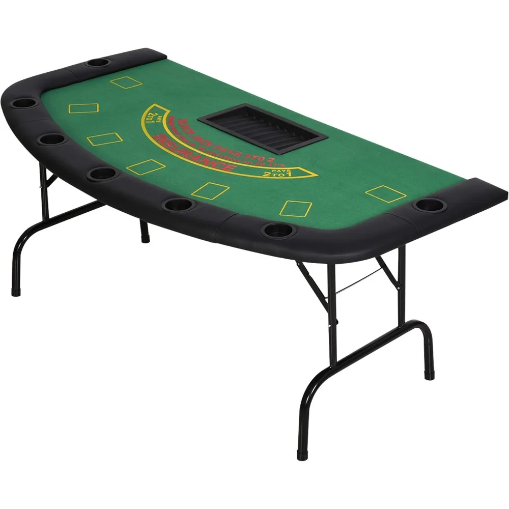 Poker Table Foldable, 72" Blackjack Table for 7 Players with Chip & Cup Holder, Green Felt