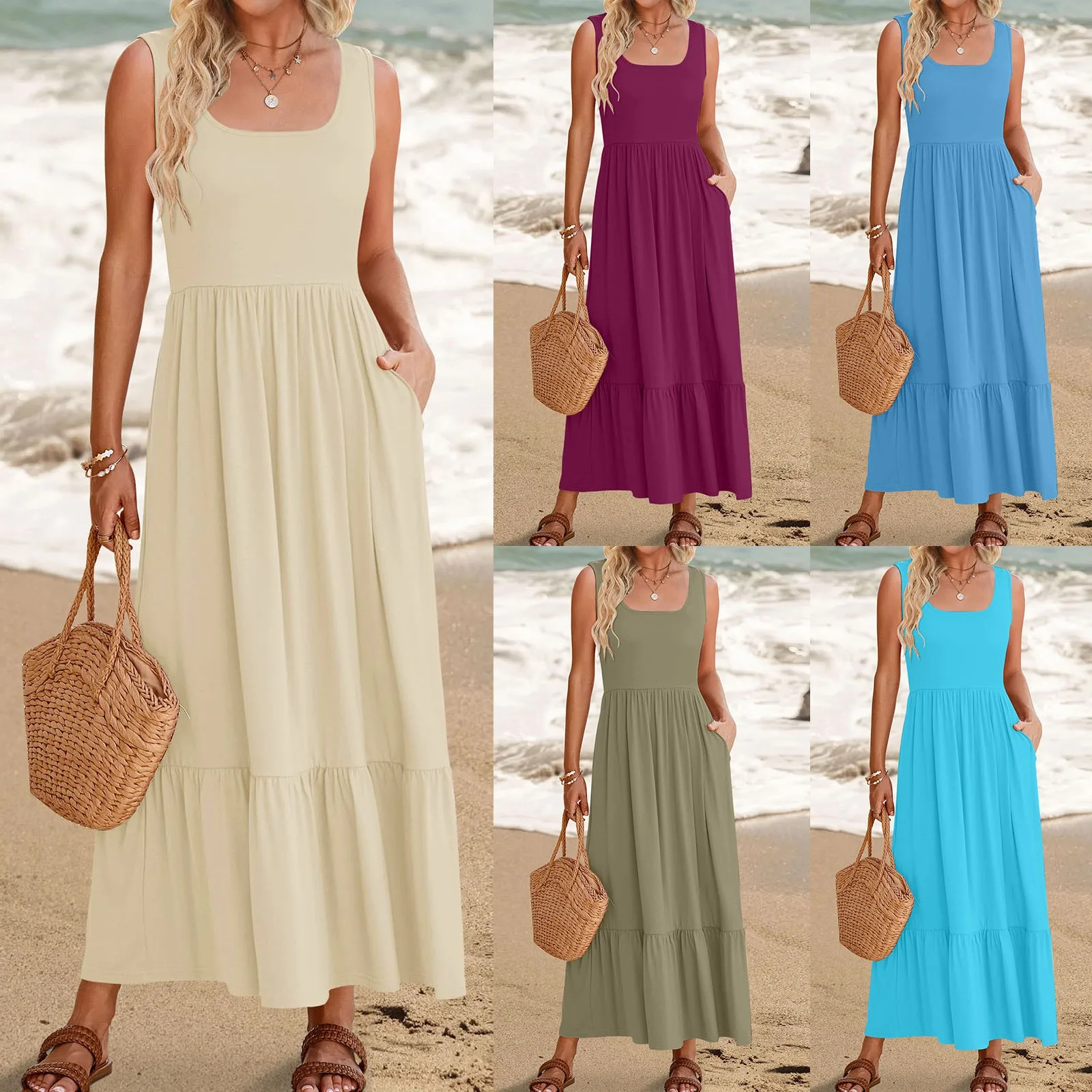 Long Summer Dress Women's Summer Sleeveless Dress Square Neck Pleated Swing Casual Maxi Dresses Womens Casual Evening Dresses