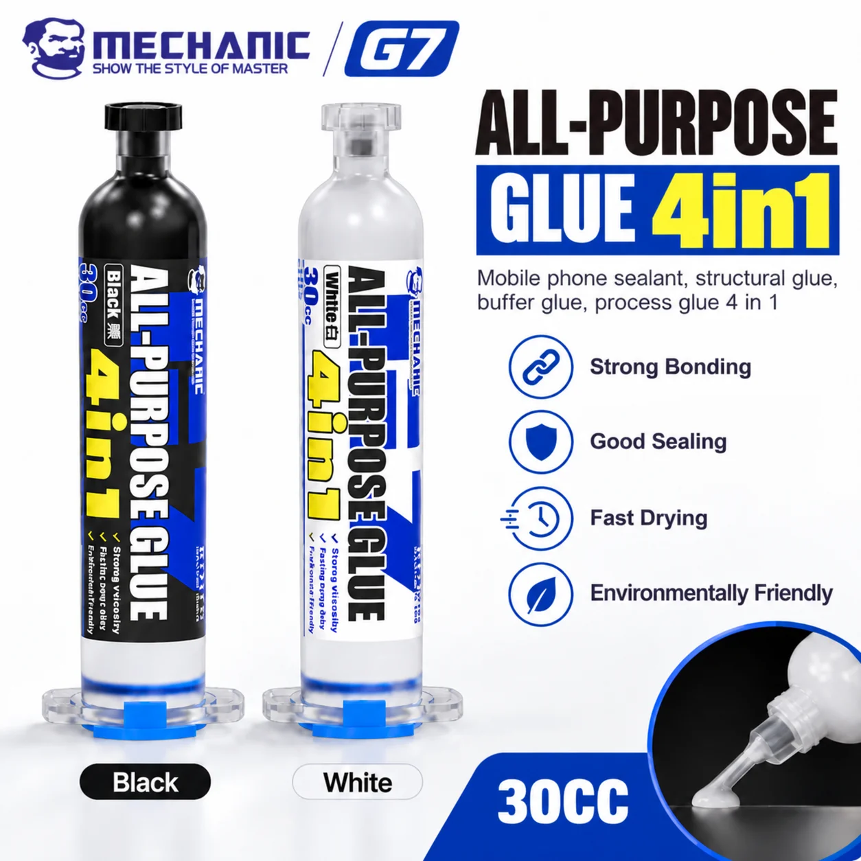 MECHANIC G7 30cc 4-in-1 All-Purpose Glue Black White Adhesive for Mobile Phone Screen Frame Back Cover Battery Sealing Repair IC