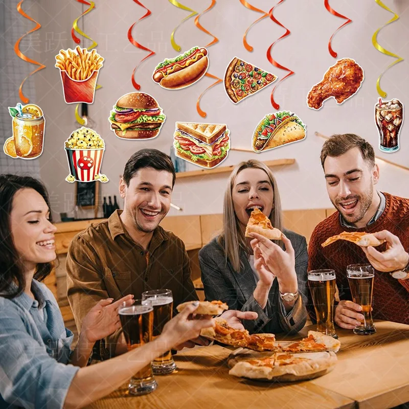 10pcs Fast Food Theme Birthday Spiral Hangings,Coke Chicken Legs Fries Burger Pizza Spiral Pendant