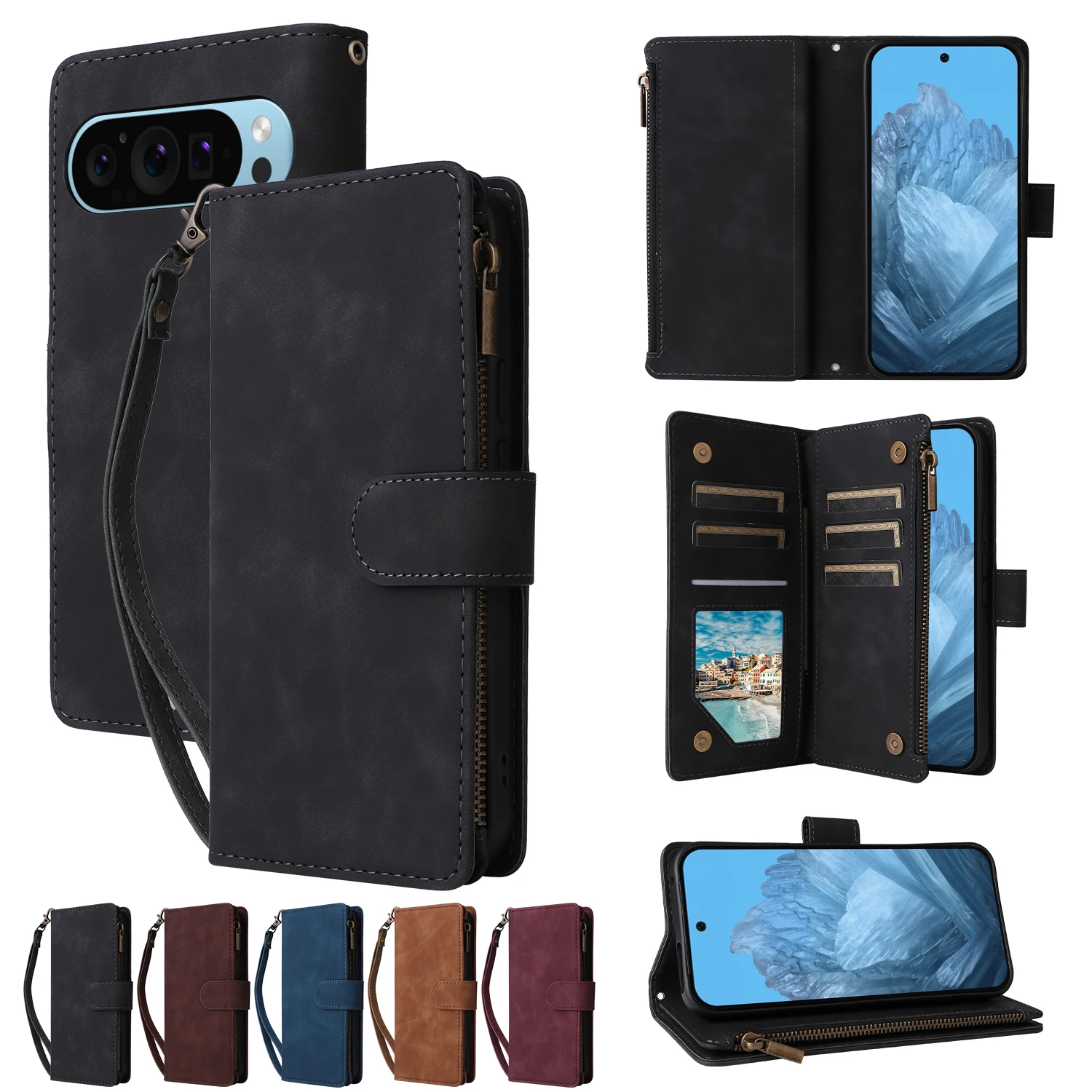 Brieftasche Multi-Card-Reißverschluss Ständer Magnetische Flip-Ledertasche für Google Pixel 10 Pro XL 9 Pro 9A 8 7 5 4A 4G 5G 3A XL
