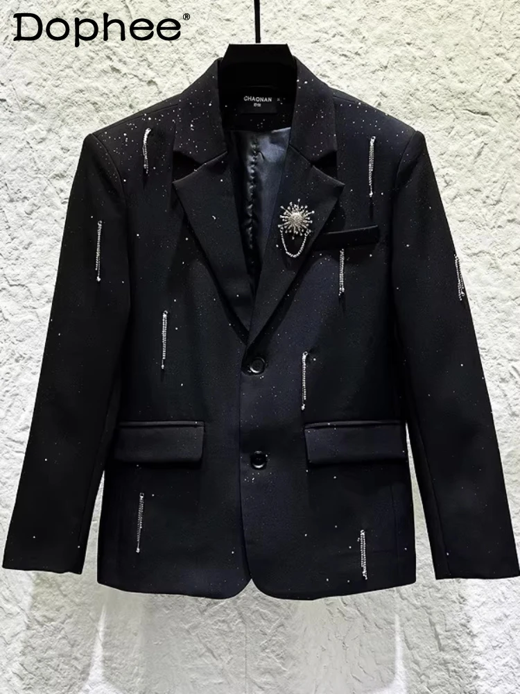 Unique Stylish Men's Suit Jackets Tassel Chain Decoration Tailored Coats 2026 Spring New Light Luxury High-end Starry Sky Blazer
