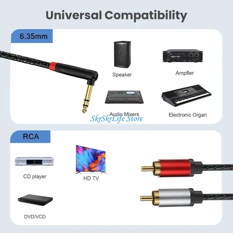 E65E Heavy Duty 1/4inch TRS To 2RCA Sound Cable High Purities For Studio Equipment