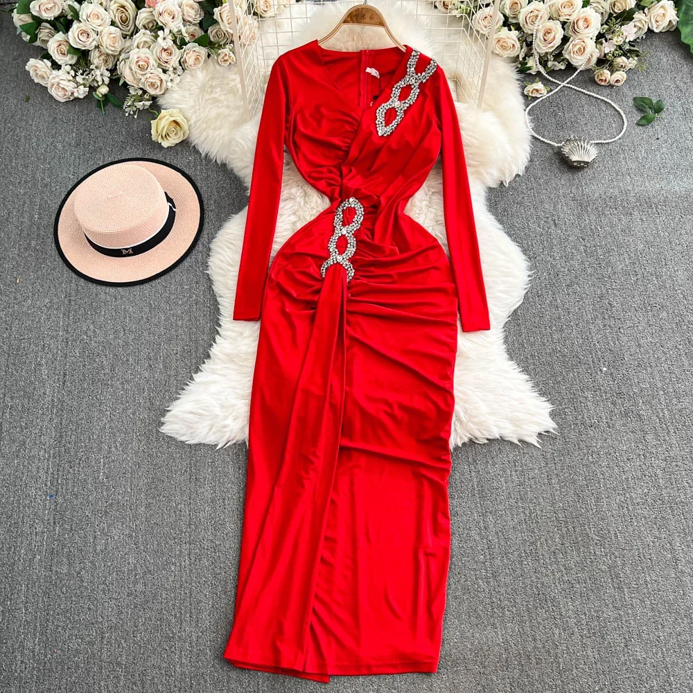 Elegant Long Sleeves Vintage V-neck Chic Rhinestone Buckle Split Pleated Slim Dresses Evening High Street Autumn Winter Clothing