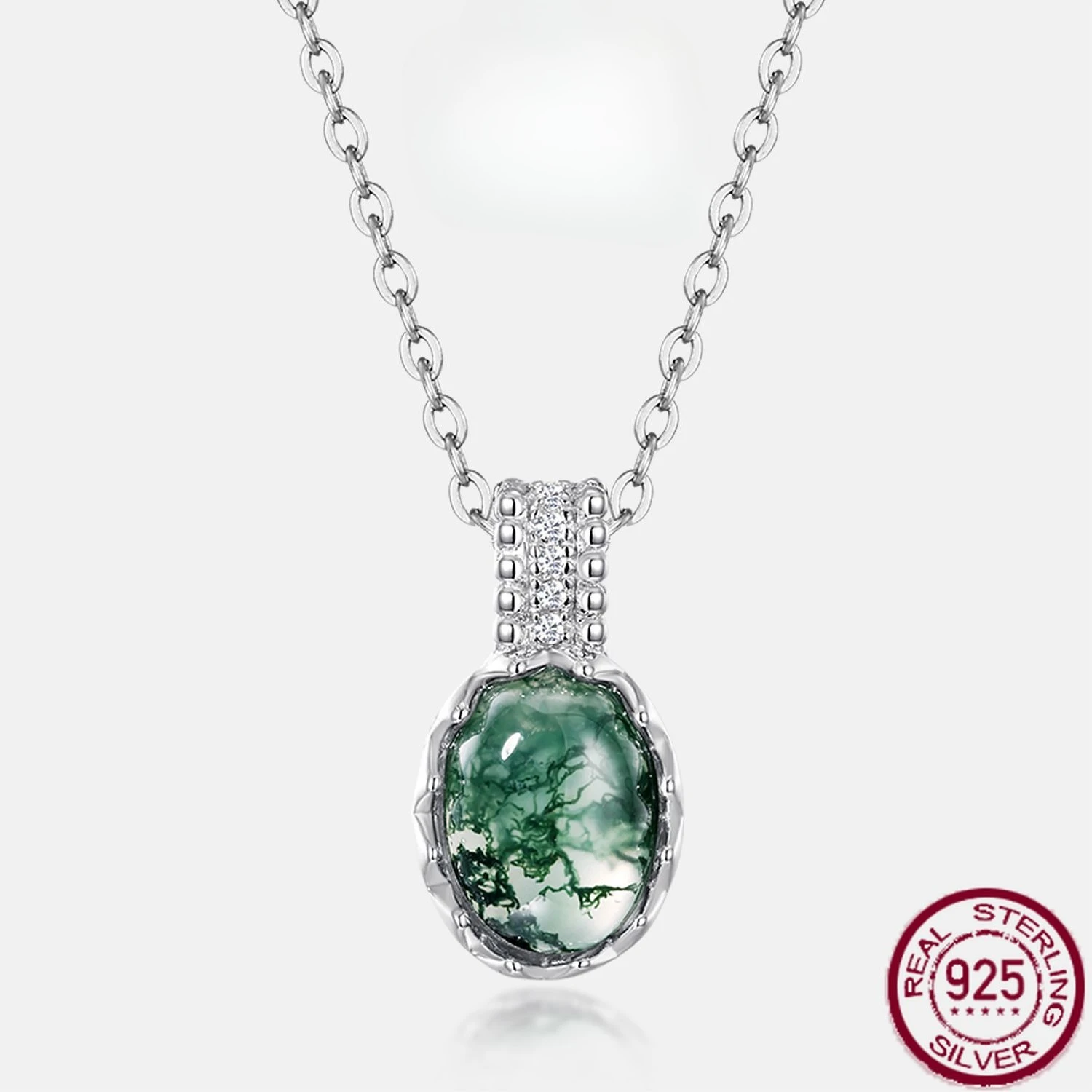 

New S925 Pure Silver Summer Egg Noodles Water Grass Agate Green Moss Stone Necklace Simple and Versatile Wedding Jewelry