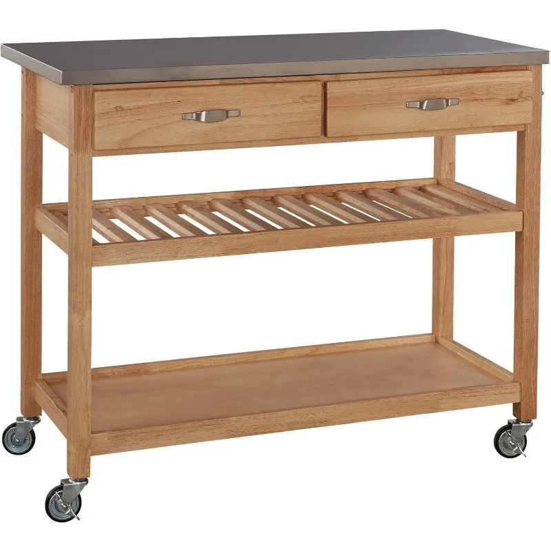 Utility Kitchen Cart with Stainless Steel Top Two Utility Drawers Adjustable Shelf and Industrial Casters Optional Wine Storage