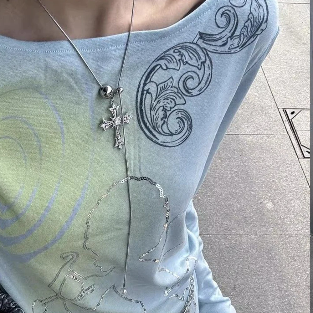 Gothic Japanese Y2K Off Shoulder Tops 2000S Style Fairycore Long Sleeve T-Shirt Vintage Harajuku Cupid Print T Shirt American