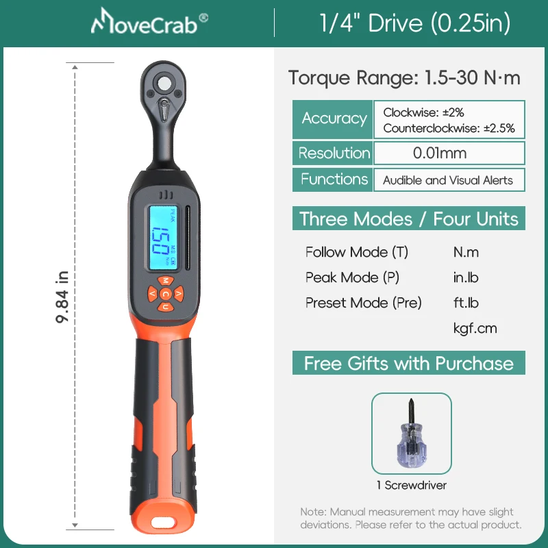 MOVECRAB Digitale momentsleutel 0,6-340N.m 2% nauwkeurigheid Vooraf ingestelde en LED/zoemerwaarschuwingen voor fietsmotoren Automotive mechanisch gereedschap