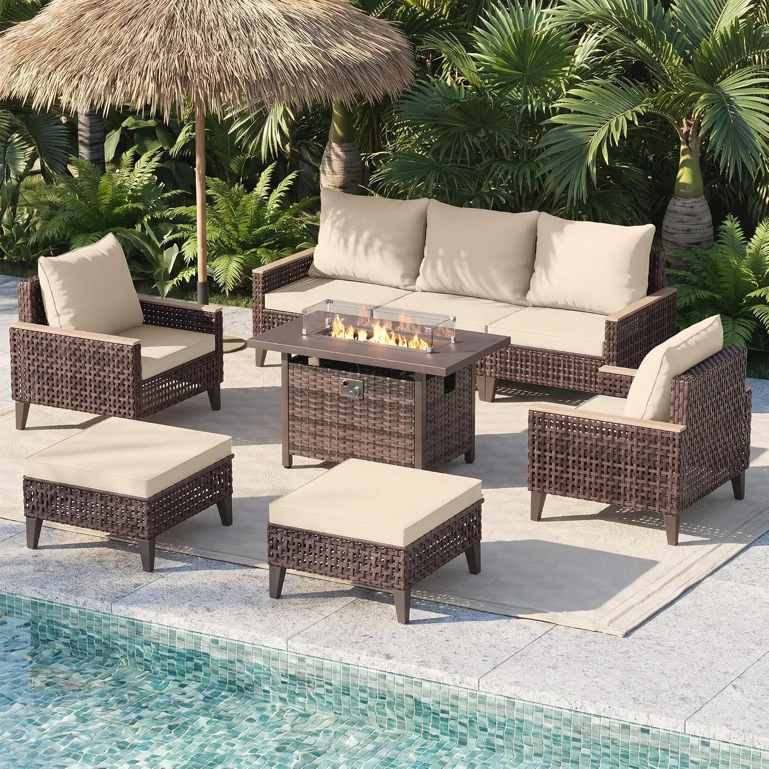 8-Piece Outdoor Patio Sofa Set with 50,000 BTU Fire Pit Table, Beige, Customized