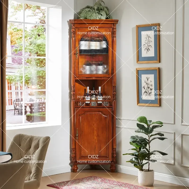 American Solid Wood Triangular Corner Cabinet with Lamp Glass Display Locker Single Door Wine Storage for Living Room Dining