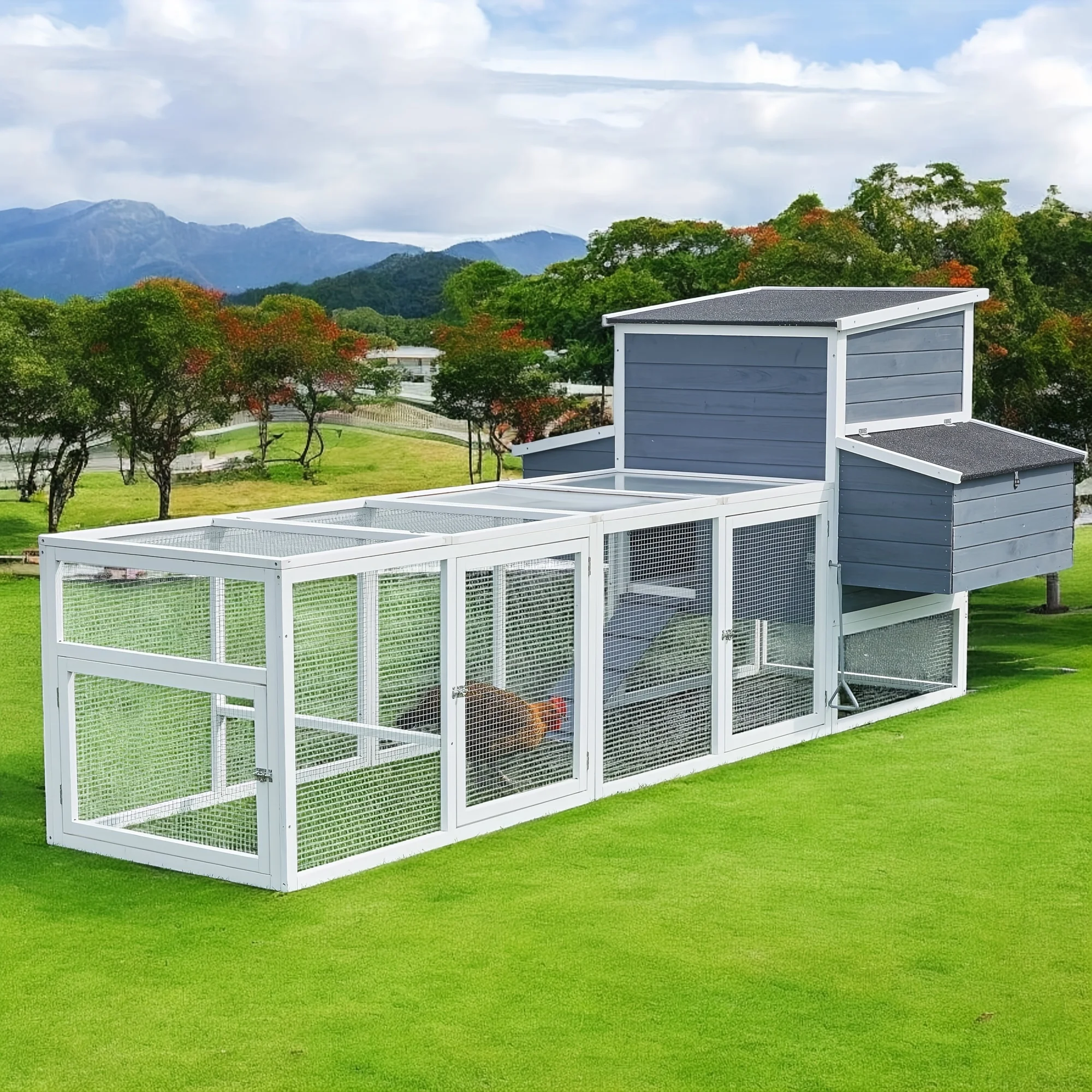 

117" Large Chicken Coop Outdoor Wooden Rabbit Hutch, Chicken Coop Run 4-8 Chickens, Poultry House with Chicken Run Cage Nesting