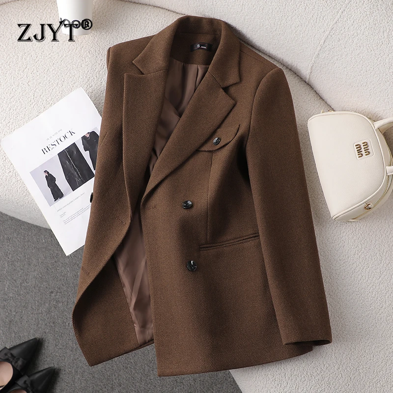 

ZJYT Elegant Thick Woolen Jackets for Women Autumn Winter New Coats Fashion Korean Style Casual Blazer Feminino Khaki Outerwears