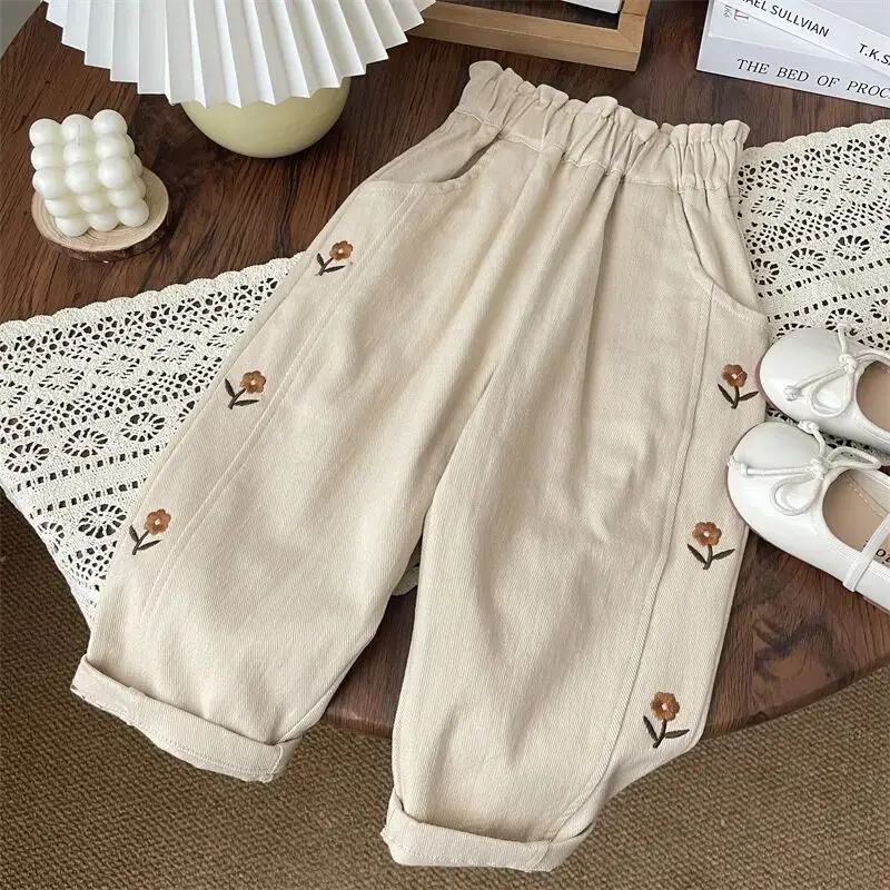 Spring Autumn Baby Girls Trousers Cotton Children's Flower Embroidered Haren Pants Soft Casual