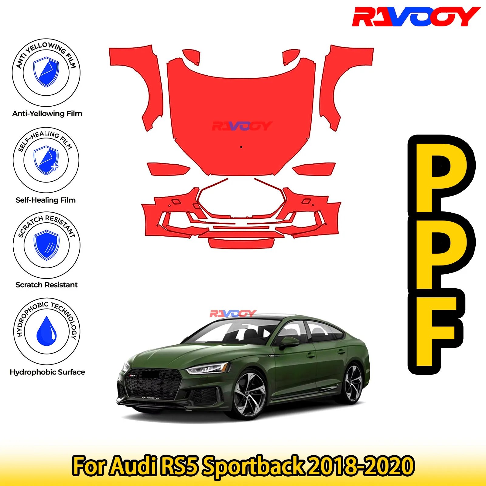 

Для Audi RS5 Sportback 2018-2020 глянцевая матовая черная предварительно вырезанная передняя защитная пленка PPF для защиты от краски