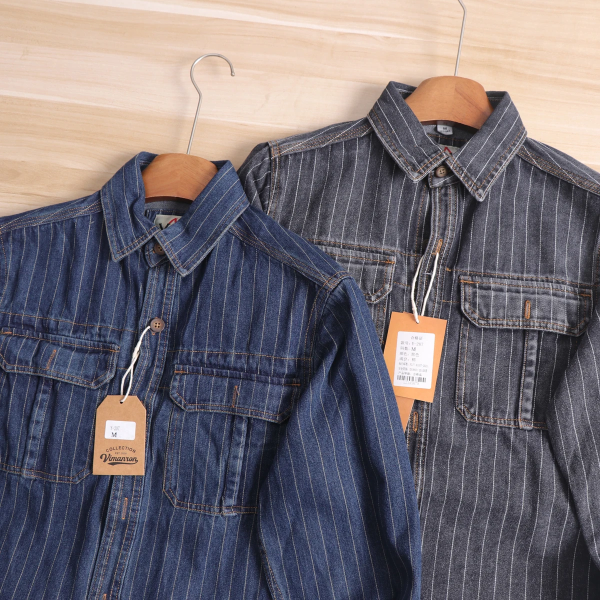 Retro American Workwear Men's Denim Shirt Autumn Season Classic Vintage Long Sleeve Striped Jacket Washed Style Standard Fit