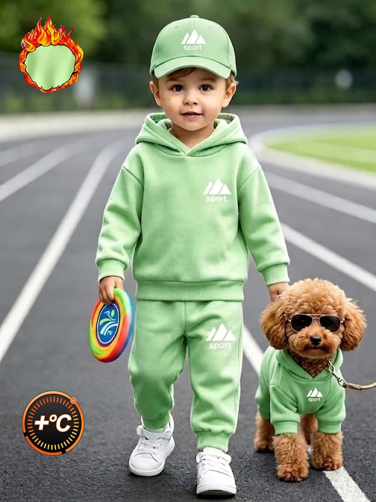 Kids Boy Winter Warm Clothes Set Thick Fleece Sport Printed Hoodie Pants 2Pcs Toddler Tracksuit Light Green Sportswear