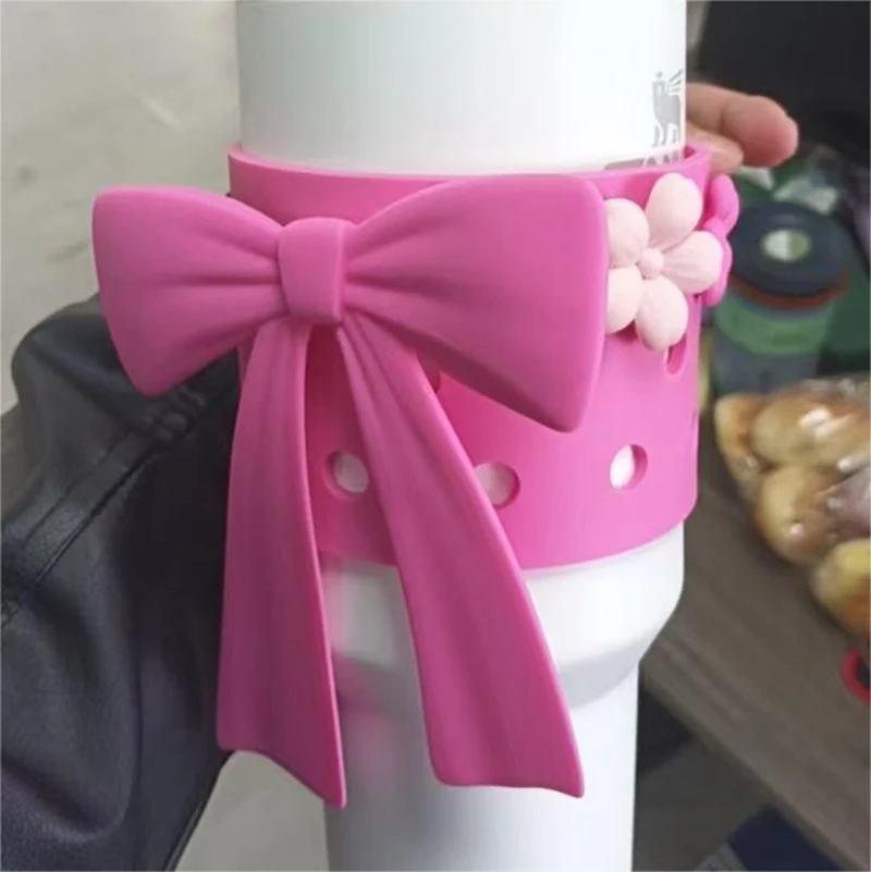 Water Cup Boot Sleeve Cup Decoration Kit for Stanley Cpu, Silicone Water Bottle Cover with Bow Decoration Carrying Handle Strap