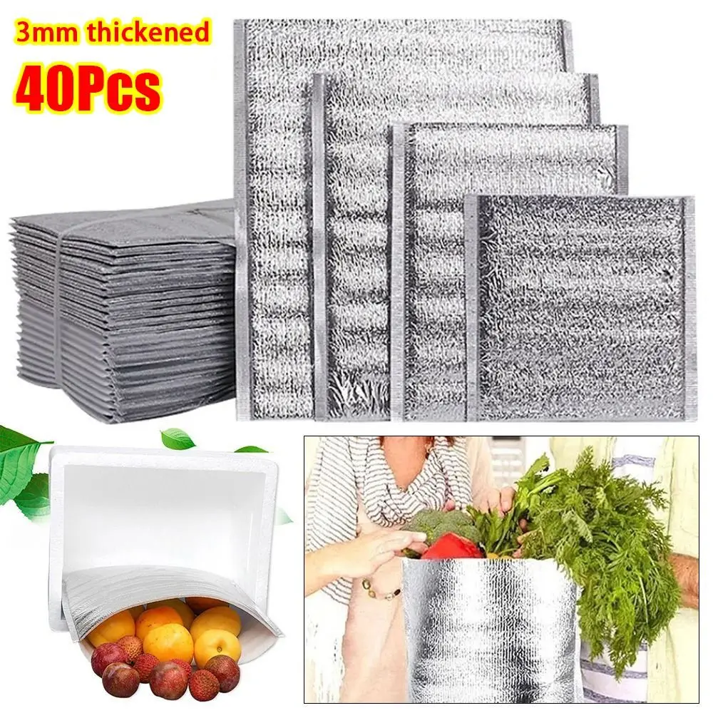 40Pcs/Pack 3mm Thickened Aluminum Foil Bag Ice Cold Warm Food Thermal Insulation Bag with Closure Cooler Bag Delivery Carrier