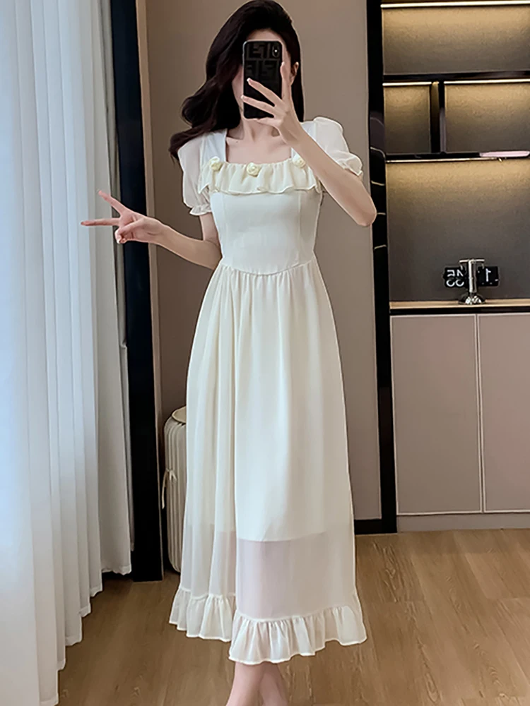 Mulheres coreano vintage luxo vestido de noite verão branco chiffon gola quadrada puff manga vestido 2025 babados bodycon vestidos