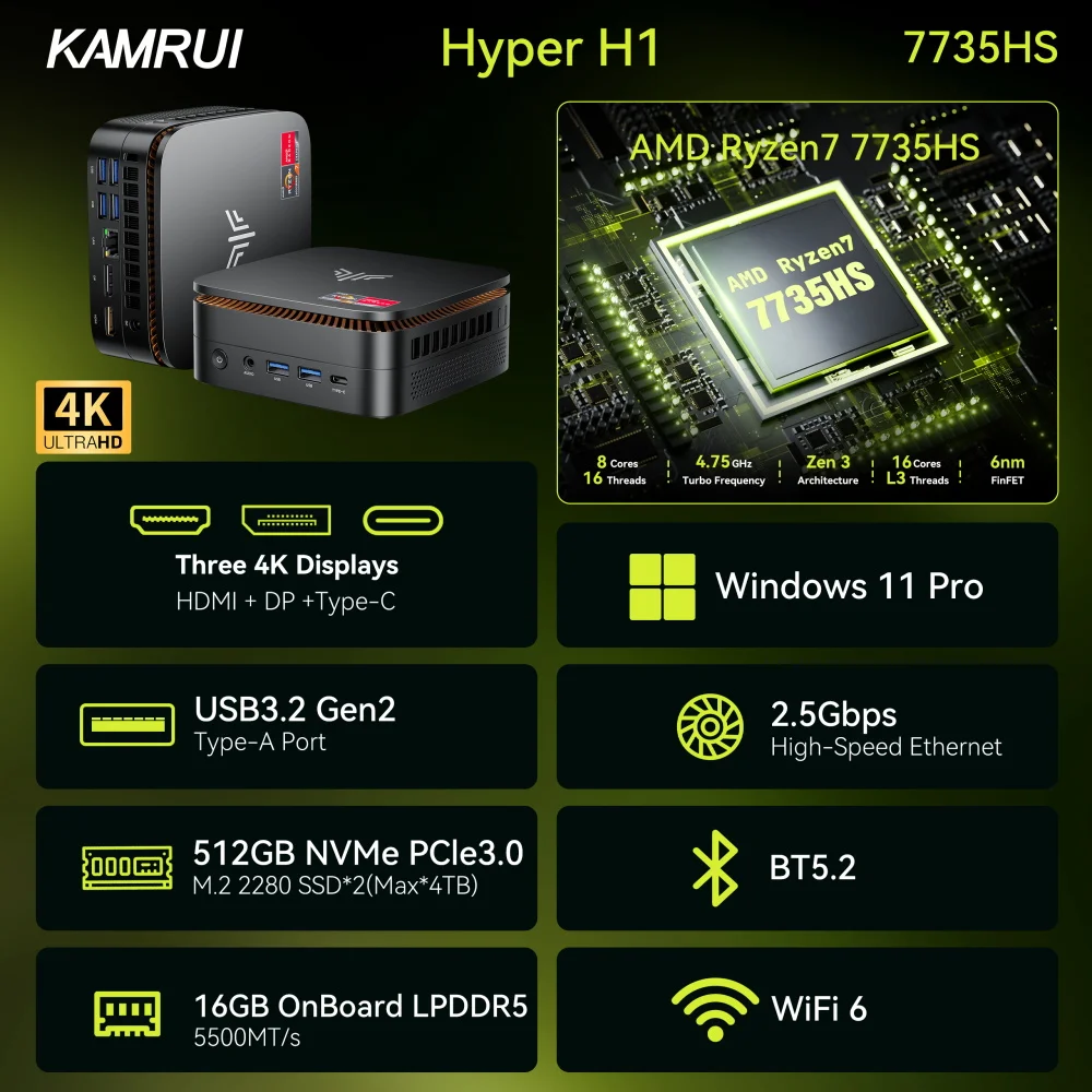 NIPOGI Gaming Mini PC Ryzen 7 7735HS Radeon 680M 16GB LPDDR5 1TB NVMe SSD Win11 Pro WiFi6 BT5.2 4K Triple Display Office Mini PC