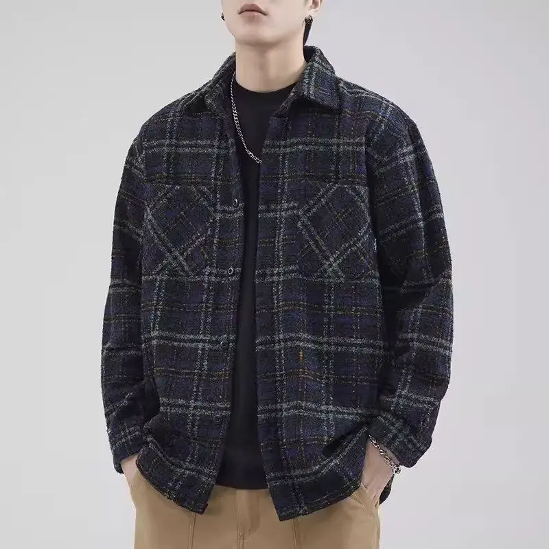 

Autumn New Plaid irt Jaet Men's Faion Loose Collar Casual Coat Youth Leisure Polyester Fiber Long Sve Button Closure