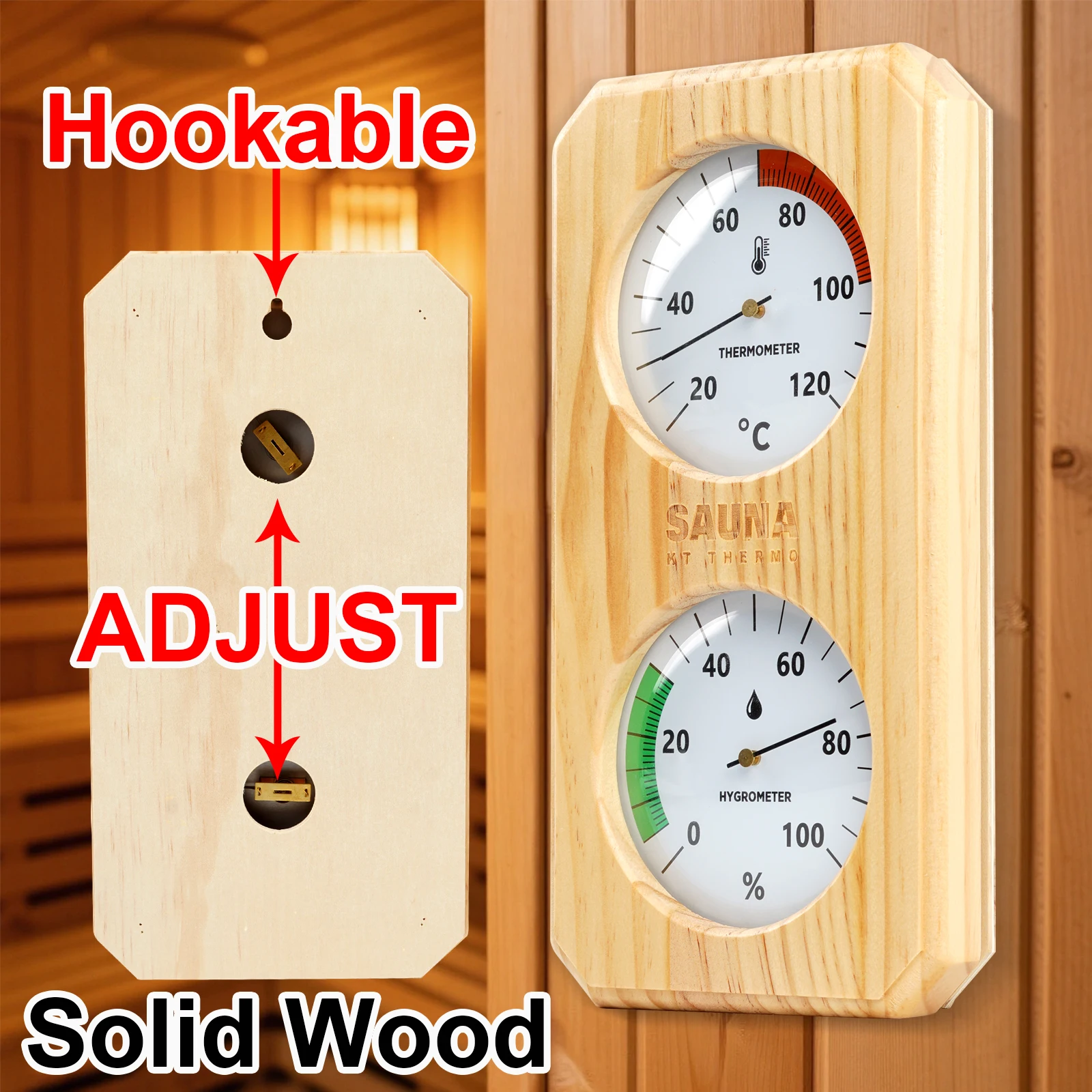 Bild 6: Holz-Sauna-Thermometer Hygrometer 20-120 ° C 0-100% Luftfeuchtigkeitsmesser für Bad, Spa, Duschraum, Innentemperaturüberwachung