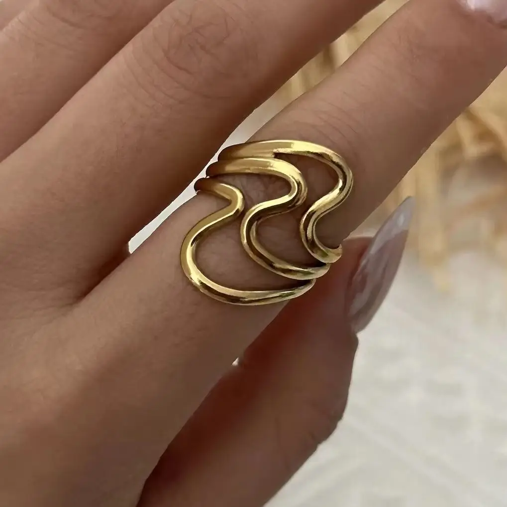 Stainless Steel Irregular Wave Rings Set For Women Creative Gold Color Leaf Texture Geometric Finger Ring Party Wedding Jewelry