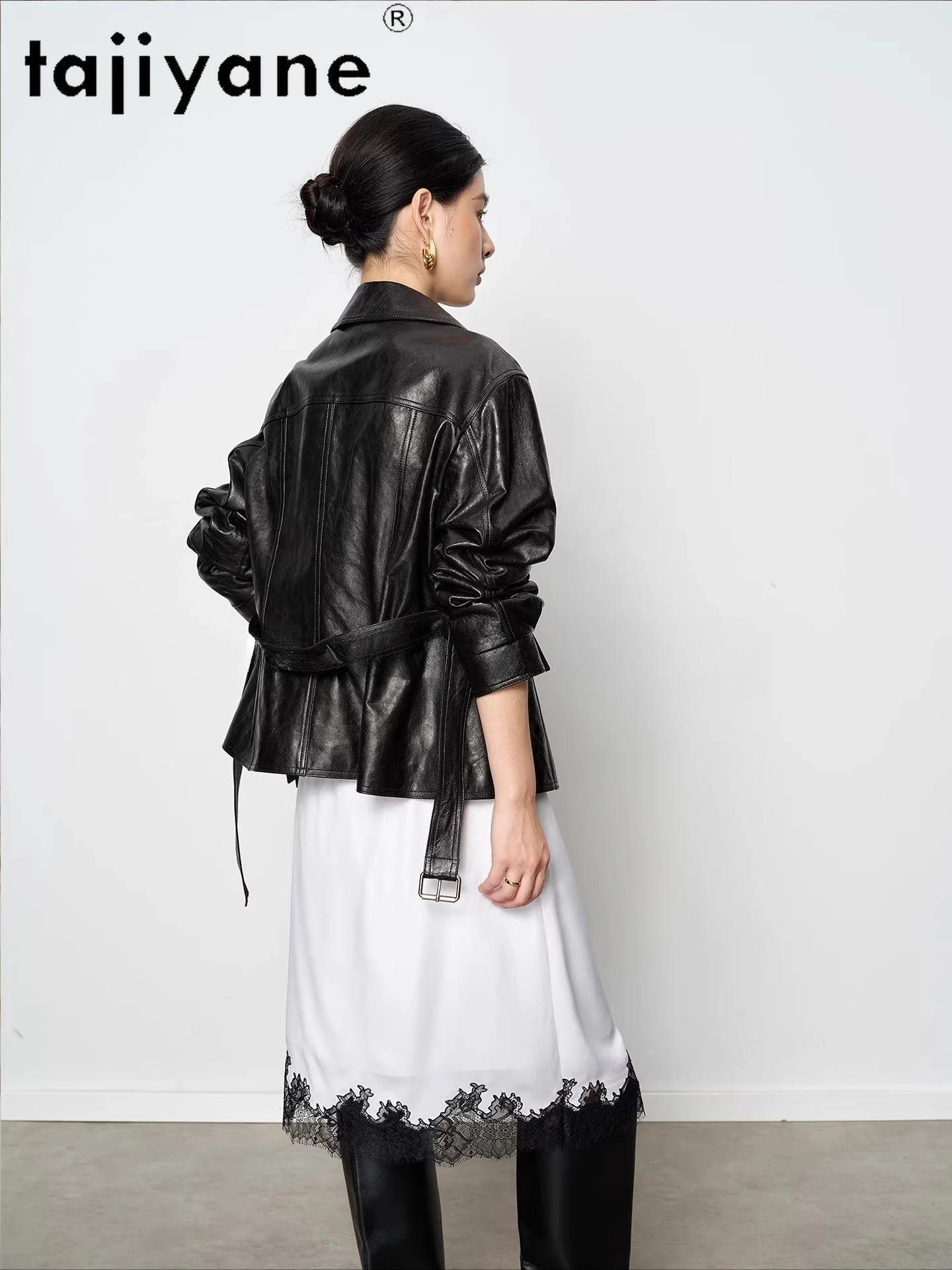 TAJIYANE السترات المصنوعة من جلد الغنم والشمع الزيتي الحقيقي معطف قصير بحزام سترة جلدية أصلية مميزة للمرأة 2025 ملابس الخريف 신상ААУটার