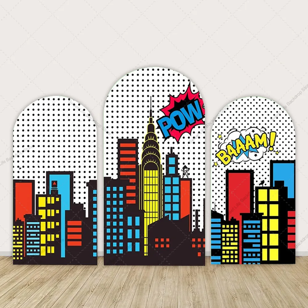 غطاء خلفية على شكل قوس بناء المدينة الكرتونية على الطراز الهزلي للأولاد وحفلات أعياد الميلاد وحفلات أعياد الميلاد وديكور خلفية الصورة