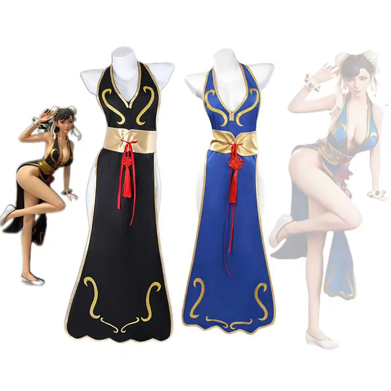 

Game Anime New Street Chun Li Cosplay Dress Costume Black Blue Battle Costume Qipao Outfit Full Set Women Halloween Fancy Dress