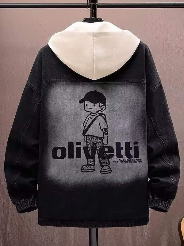 

TING Мужская джинсовая куртка, осенняя новинка, повседневная одежда с капюшоном, свободная, крутая, для подростков, студенческая, повседневная, лучший бренд, с принтом в стиле ретро, Long Sve