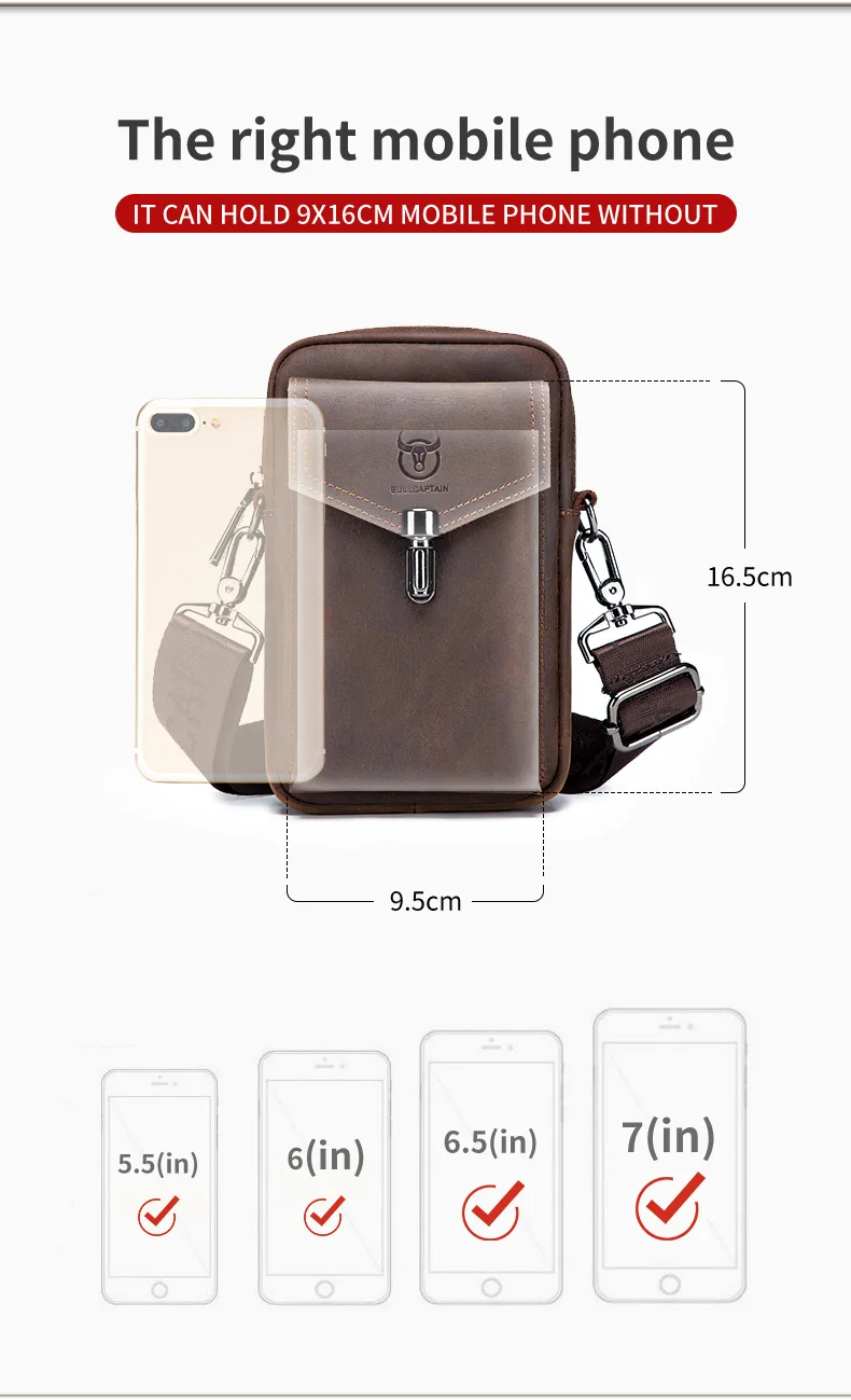 BULLCAPTAIN Crazy Horse Leder Herren Gürteltasche Handy-Hüfttasche Oberste Schicht Rindsleder Einzel-Schulter Crossbody Handytasche – Detail 2