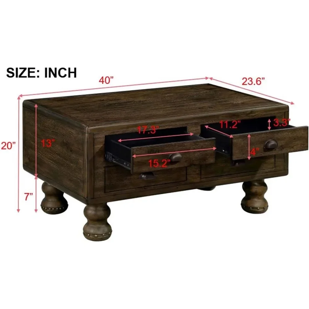 Salontafel met opbergladen, middentafels met klinknageldecoratiepoten, salontafel