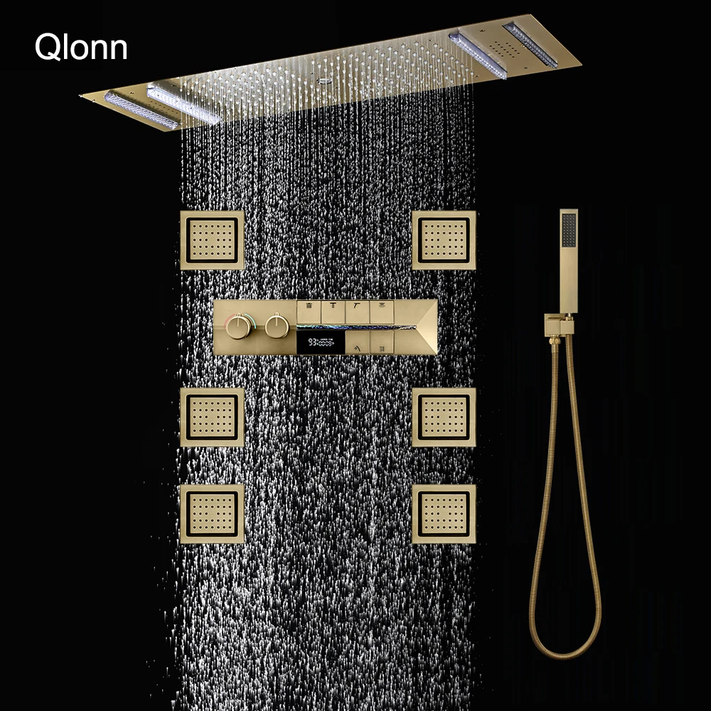 

Qlonn 35*12 Inch Couple Shower Faucets Set Bathroom Emotional Appeal Spa Rain Showers System Thermostatic Mixer Massage Jets