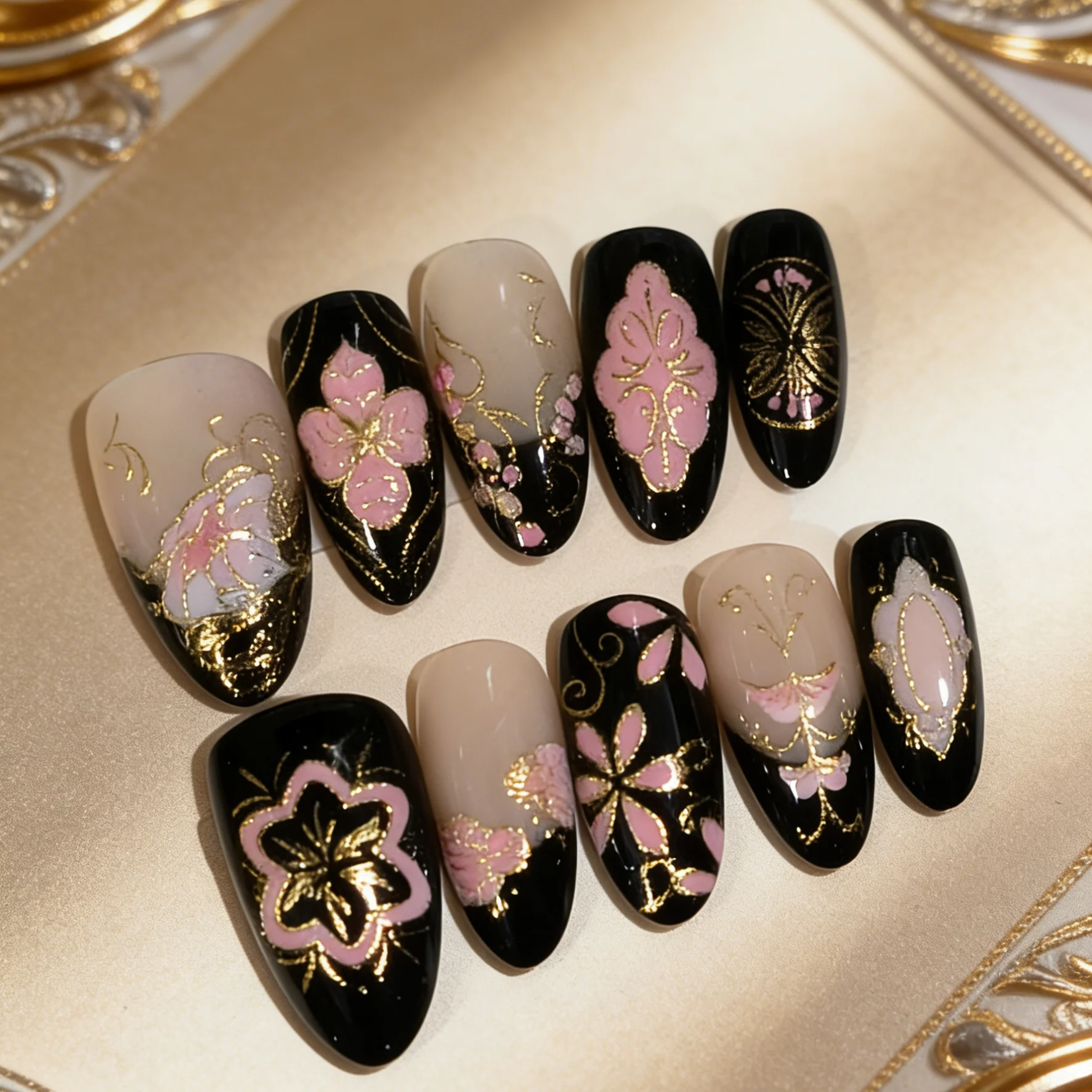 10 Pieces of Hand-Pressed Almond-Shaped Nails, Beautiful Artificial Nails, Black Gold Cherry Blossom Design, Suitable for Women