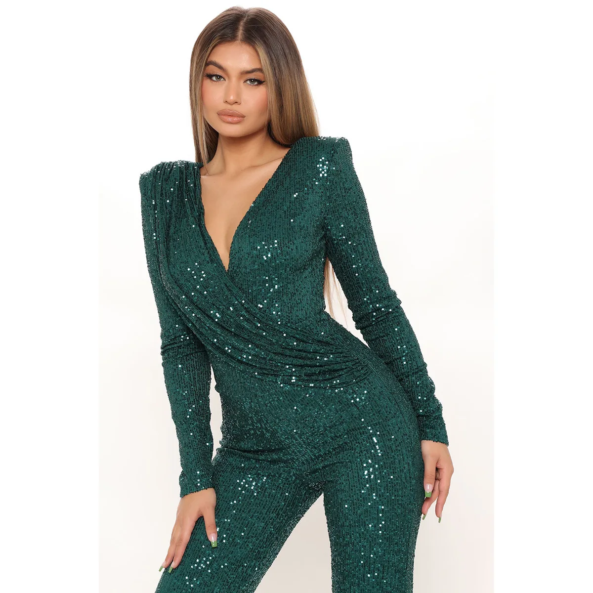 Black Sequin Jumpsuit Women Sexy Deep V-neck One Piece Bodysuit 2022 Elegant Evening Party Jumpsuit For Women Club Dance Outfits