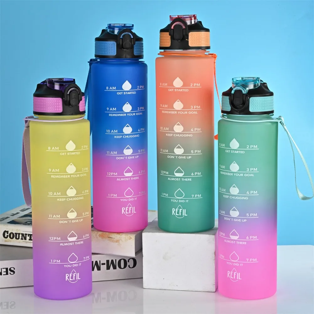 

1L Motivational Sport Water Bottle Plastic Water Cup with Time Scale Outdoor Gradient Color Drinking Bottle Fitness Straw Mug