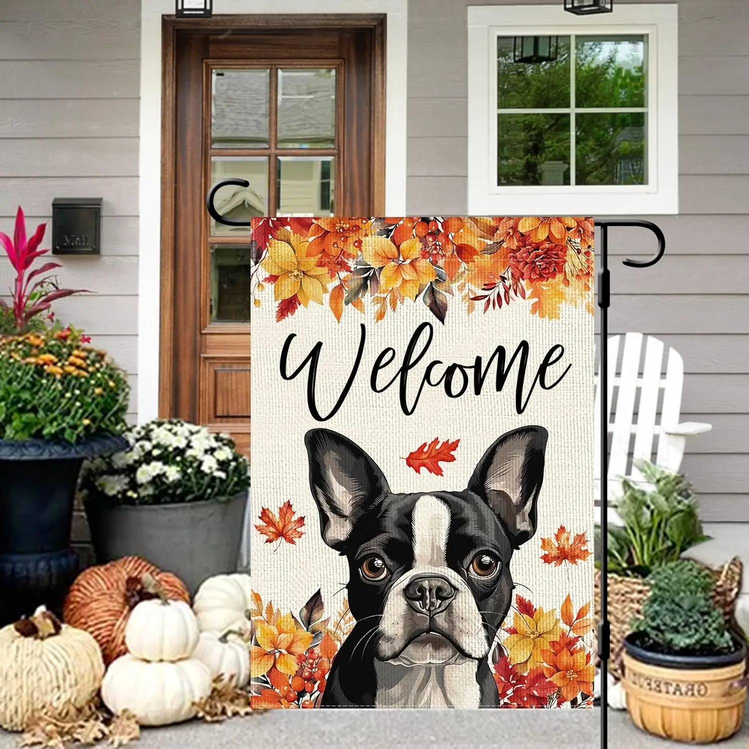 DLZDN Welcome Fall Dog Garden Flag Boston Terrier Maple Leaves Flag 12×18 Inch Double Side Vertical Burlap Farmhouse Yard Si UUN