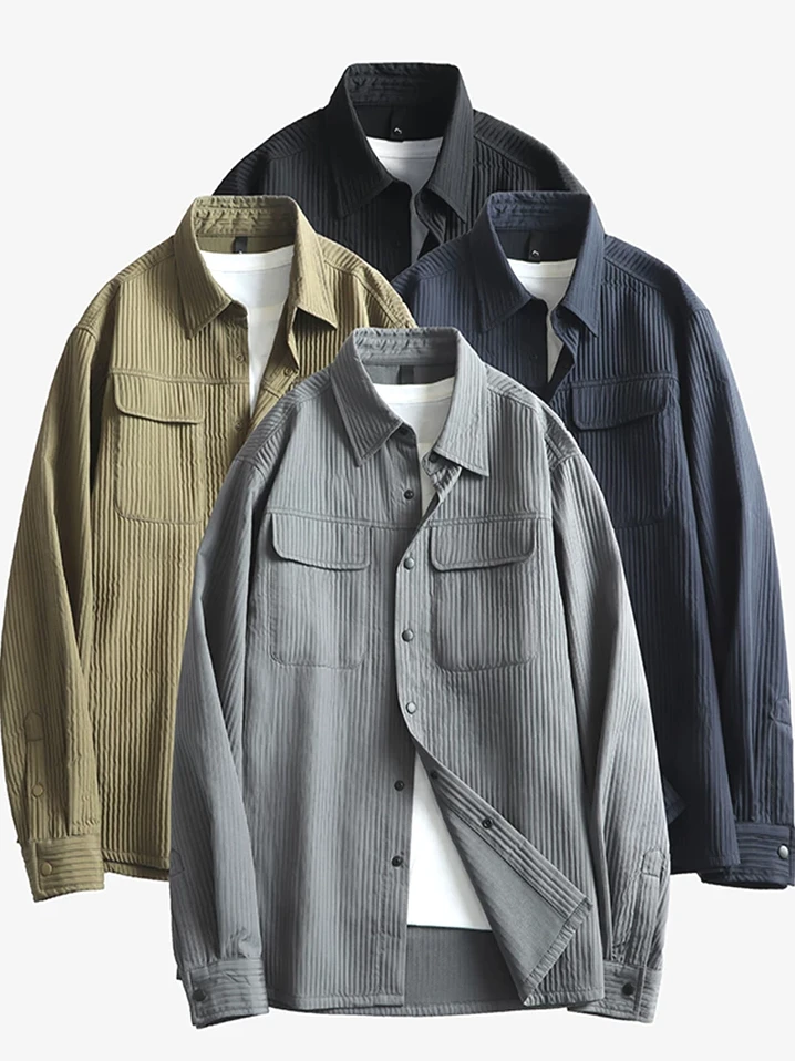 

European Sle Long Sve Corduroy irt Men's Casual Double ket Design Faionable Workwear Loose Fit Youthful Trend