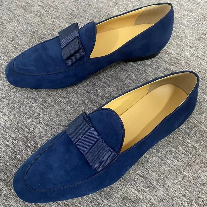 

Spring Summer Dark Blue Suede Shoes Men Bowtie Loafers Slip On Soft Moccasins Flats Driving Shoes Men Leather Casual Shoes