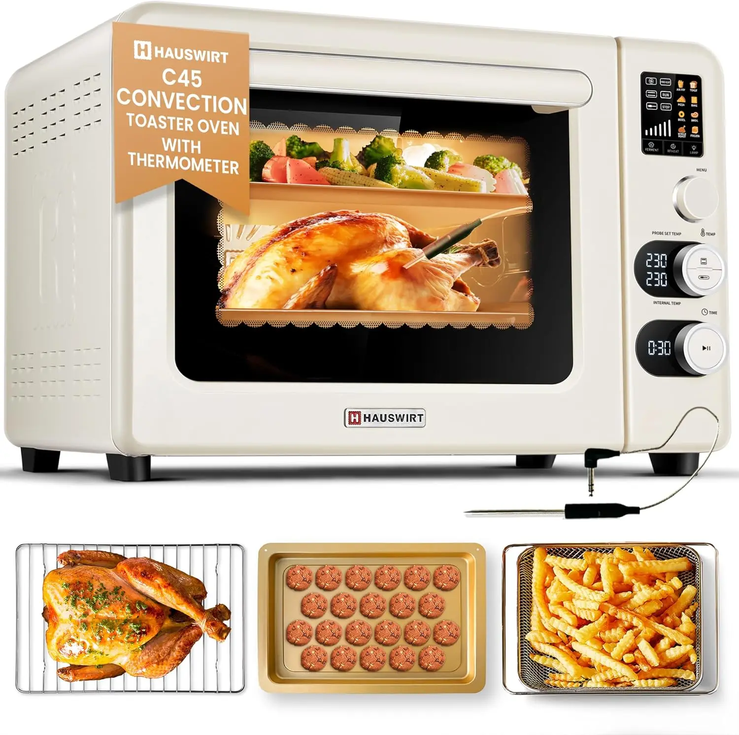 

Smart Convection Oven with Thermometer, 42QT Large Capacity Oven, Double Bake, 8 Menu Modes Countertop Oven, Fou