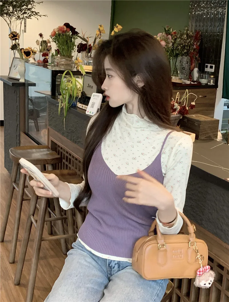 

Early Spring 2026 Women's Knitted Small Strap Vest Long Sve Polka Dot Top Faionable Two-Piece Set Slimming Layering Wear