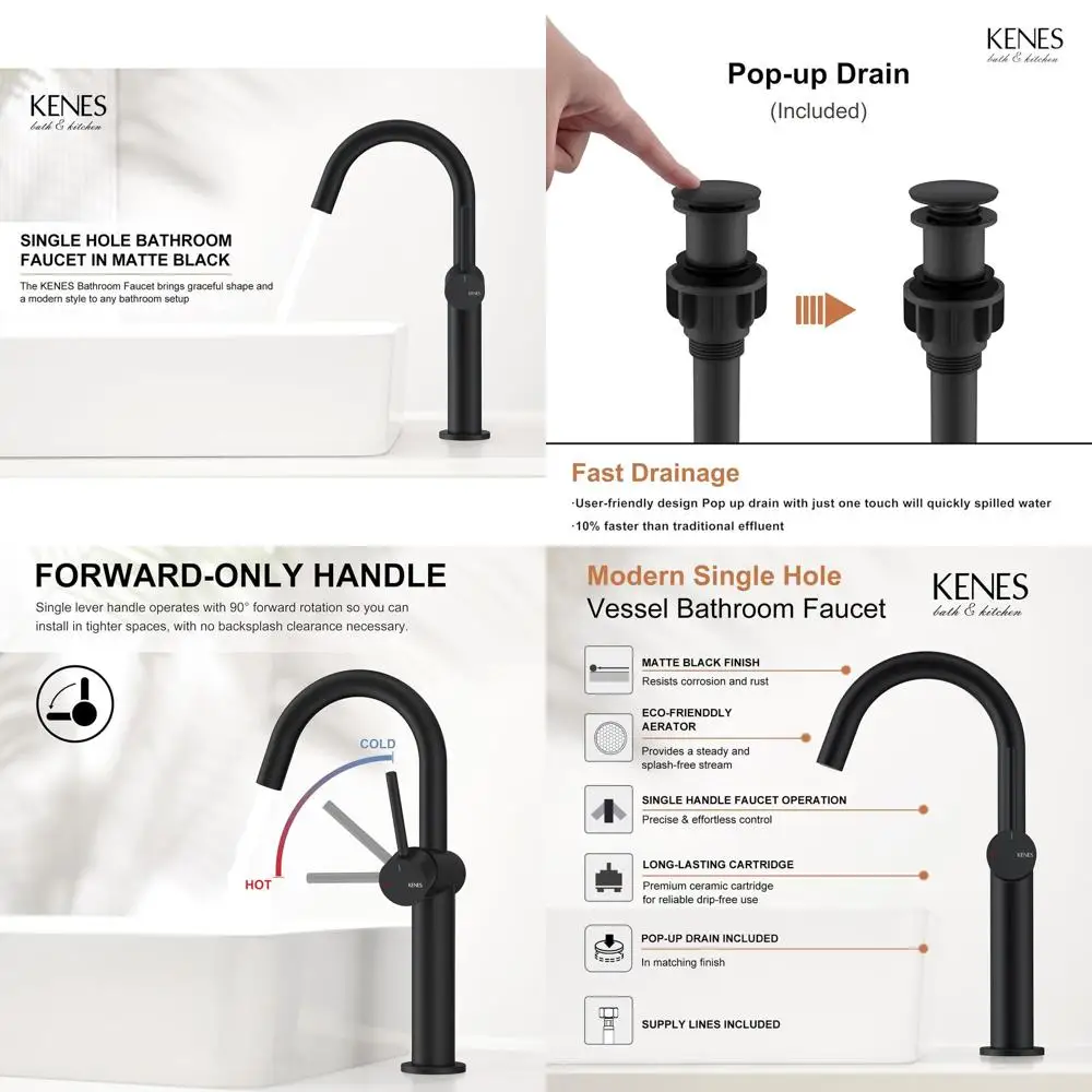 

Single Handle Tall Black Vessel Sink Faucet with Pop-Up Drain and Supply Lines, KE-9005C-2