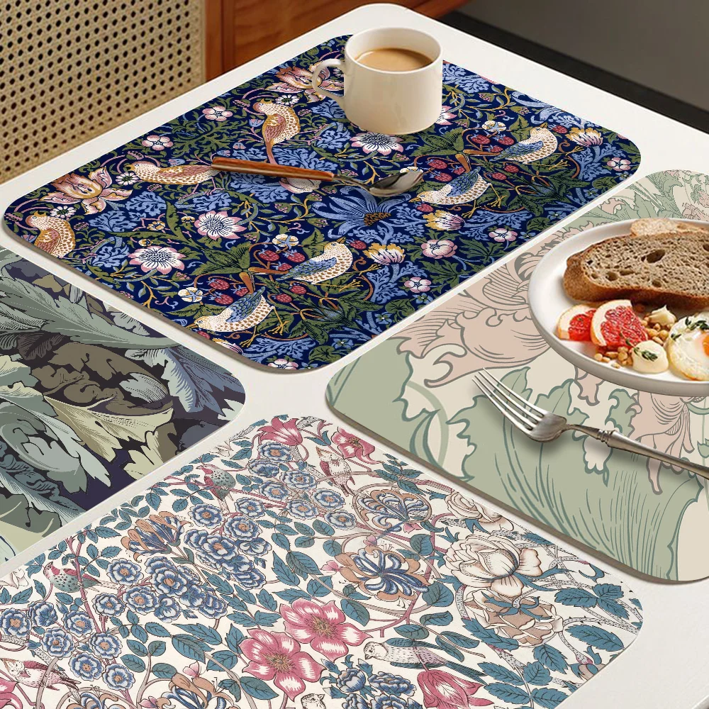 William Morris Coffee Tablewear Drain Pad Bathroom Square Absorbing Anti-slip Dry Mat Kitchen Placemat Dishes Cup Pad