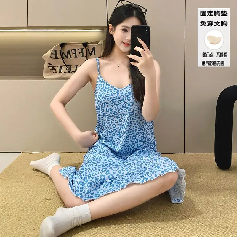 

Летняя сексуальная ночная сорочка с леопардовым принтом на тонких бретелях для женщин, корейская свободная домашняя одежда для сна, ночная рубашка