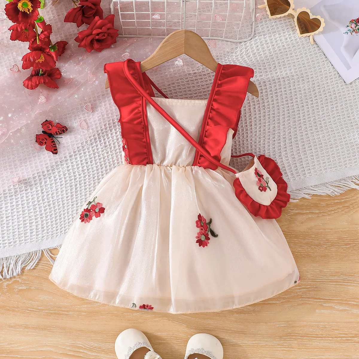 2024 New Arrival Girls Sleeveless Ruffles Embroidery Floral Red Loose Roupa Infantil Menina Cute Party Dress Custume 6M-3T