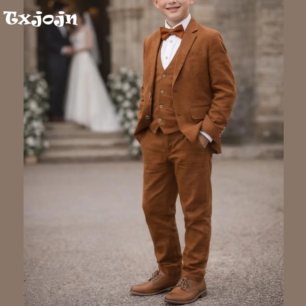 Formal Suit Set for Boys Trend Linen Homecoming Tuxedo Wedding 3PC Jacket Pants Vest Kids Blazer Set Slim Fit Tailored Outfit